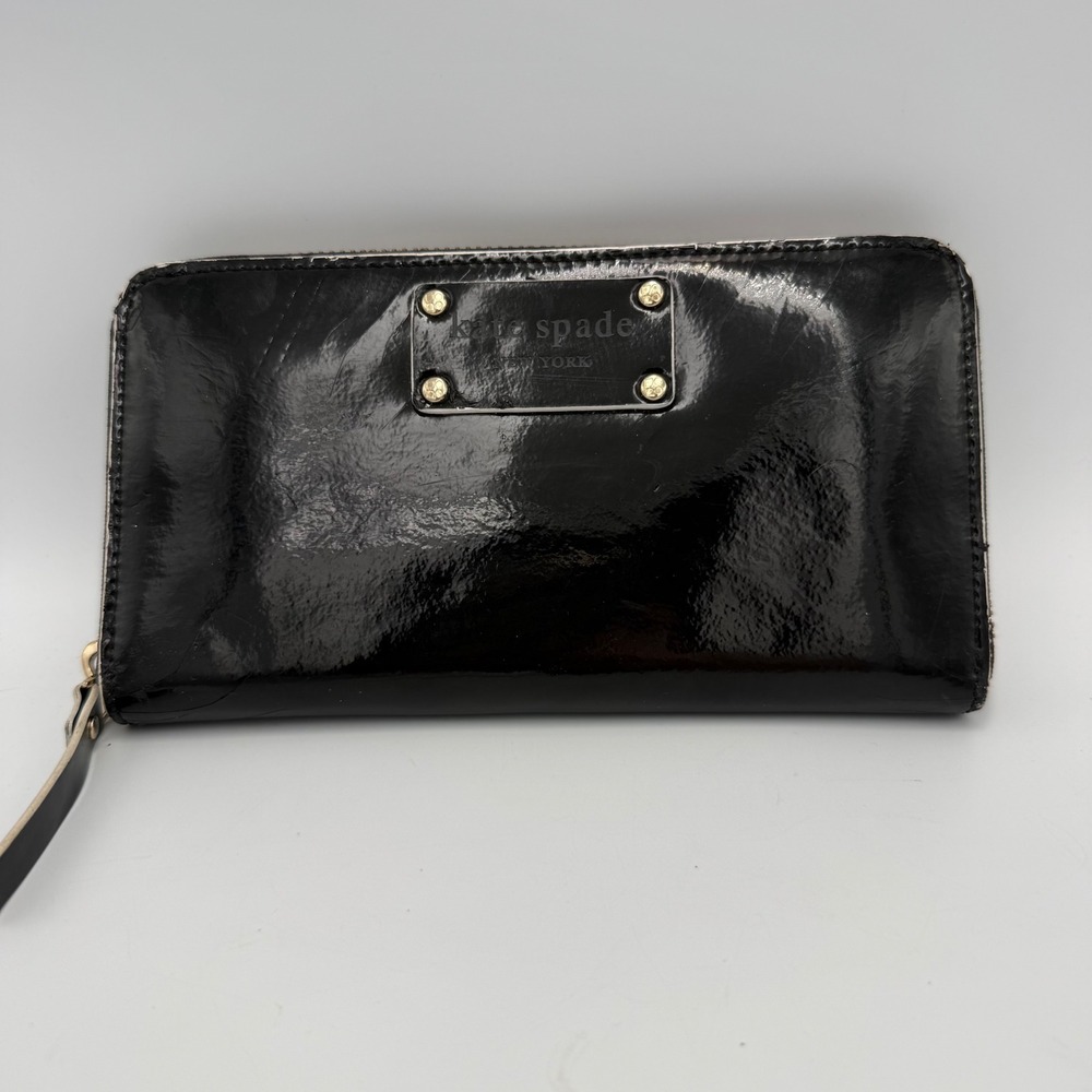 Kate Spade New York Black Patent Leather Zip Around Wallet Polka Dot Interior